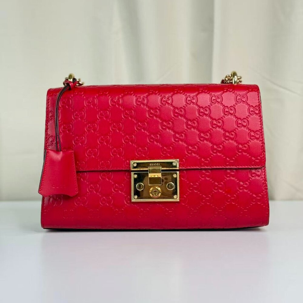 Gucci GG Logo Red Leather Printed Large Padlock Shoulder Bag with Gold Hardware